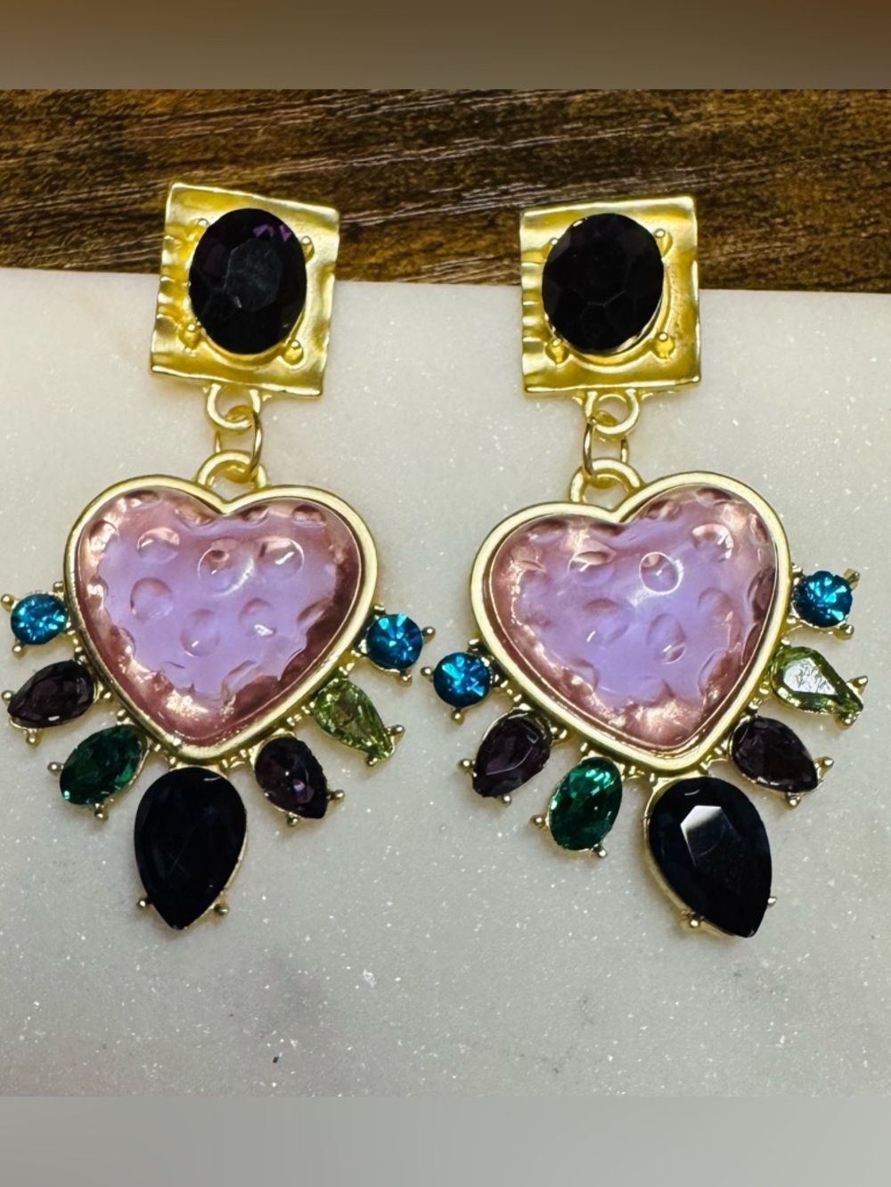 CHNNEL Inspired Pink Heart Statement Drop Earrings Gold Tone Rhinestone - Picture 4 of 6